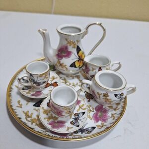 Vintage Miniature Porcelain Tea Set Butterfly Floral Dollhouse Tea Service 9 Pc